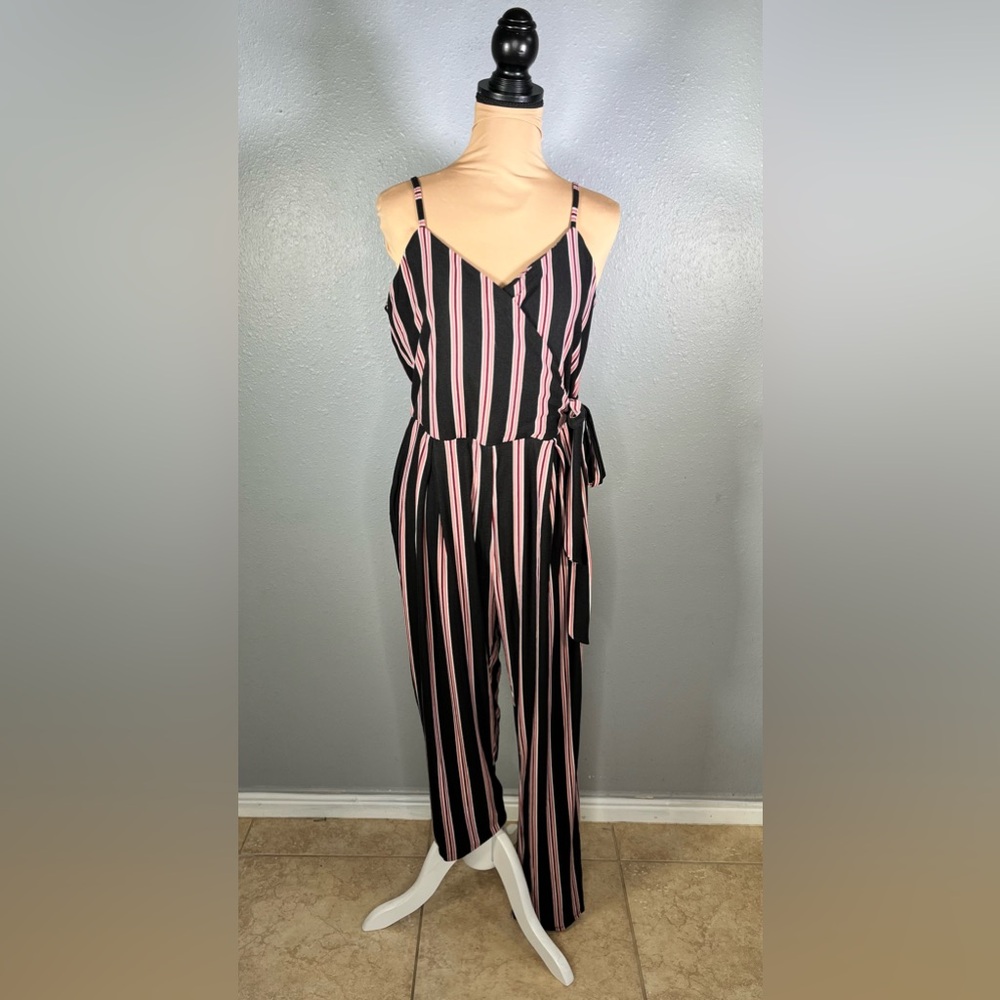 Derek heart striped spaghetti strap vneck faux wrap side tie jumpsuit sz L